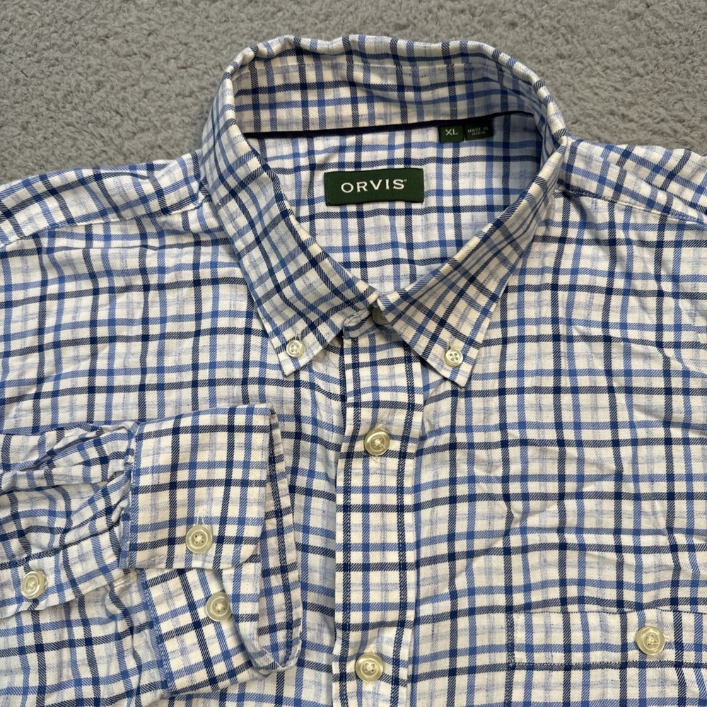 Orvis Dress Shirt Mens XL L/S Blue White Blue Plaid Button Front Casual